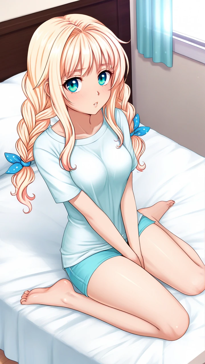 score_9, score_8_up, score_7_up, full_body, medium_breasts, perfect_body, 
1girl, 18_years_old, solo, blonde_hair, long_twin_braids, blue_eyes, aqua_eyes, blush, looking_at_viewer, shy, parted_lips, hair_ribbon, lies_on_bed, underwear, barefoot, viewer_looks_from_above,
<lora:lgg_yana_SEv3.2:0.75> lgg_yana person