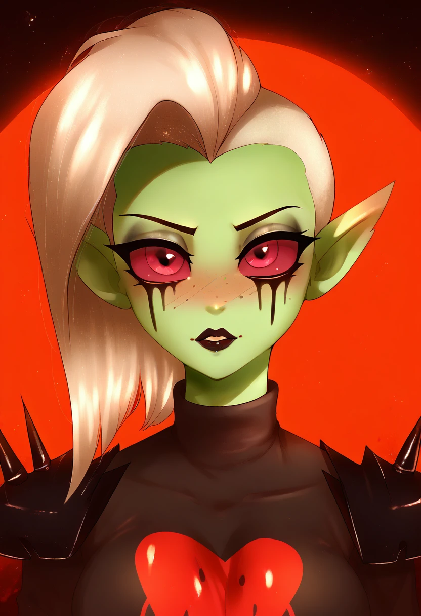 zPDXL, score_9,score_8_up,score_7_up,_up,source_cartoon, best quality, amazing quality, masterpiece, 1girl, looking at viewer, solo, blush, black lips, <lora:LordDominator3D:0.8>, lord dominator wo!262, green skin, breasts, white hair, pink eyes, freckles, no nose, pointy ears, dark forest, night, red moon, stars at the sky, wallpaper, beautiful nature, beautiful background, clevage,sweater, large breast, visible boobs, vksuika, <lora:Vksuika:1.2>, Expressiveh, good_hands, <lora:Expressive_H:0.8>, <lora:Detail_Slider_v1.4_iteration_3:4>, <lora:pony_good_hands:0.8>