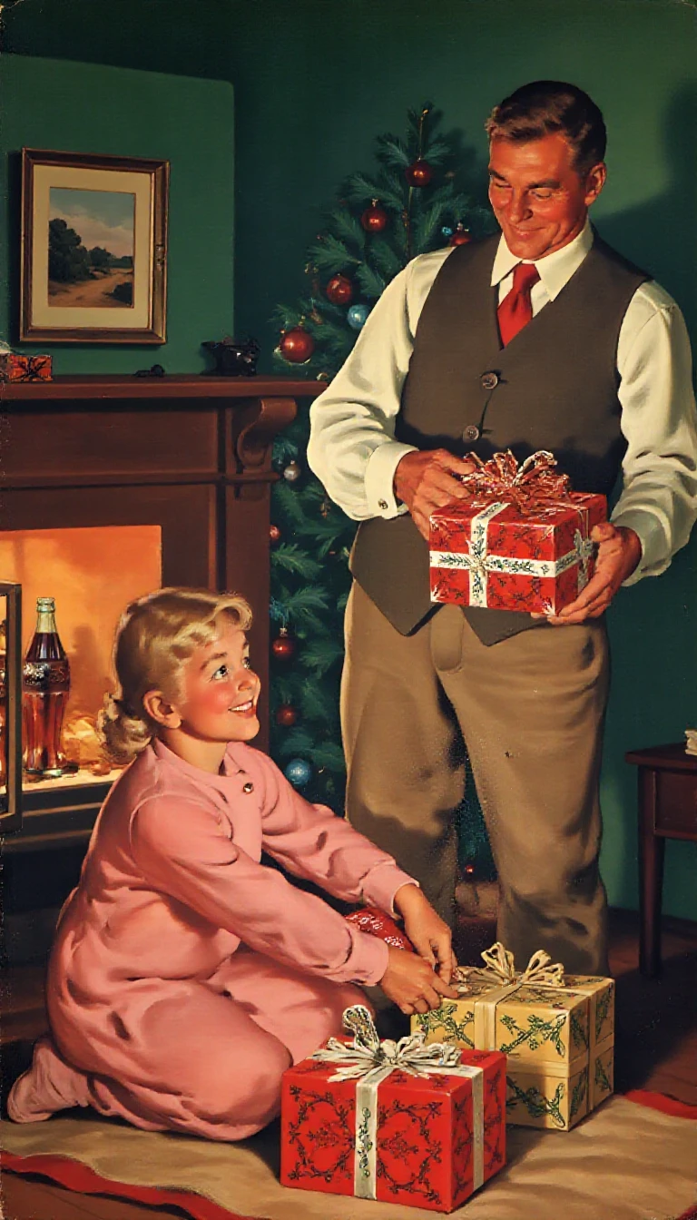 retrocoke_style, a family opening up christmas presents on christmas day <lora:1950_Coke_Ads_Style_Flux:1>