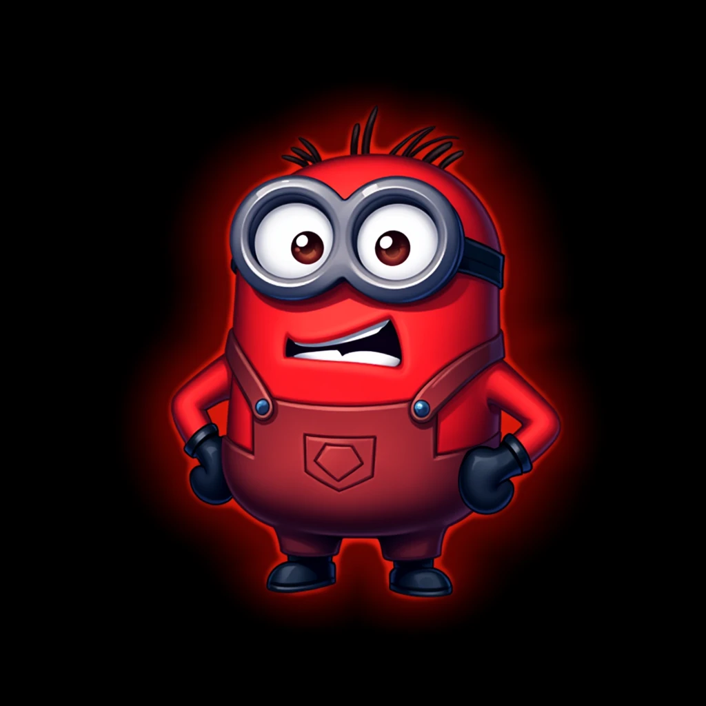 emotelol, 
Red Minion, red color, goggles, small, mischievous, round, overalls.
, cartoon emote style, detailed, league of legends, stroke, outer glow, black background
