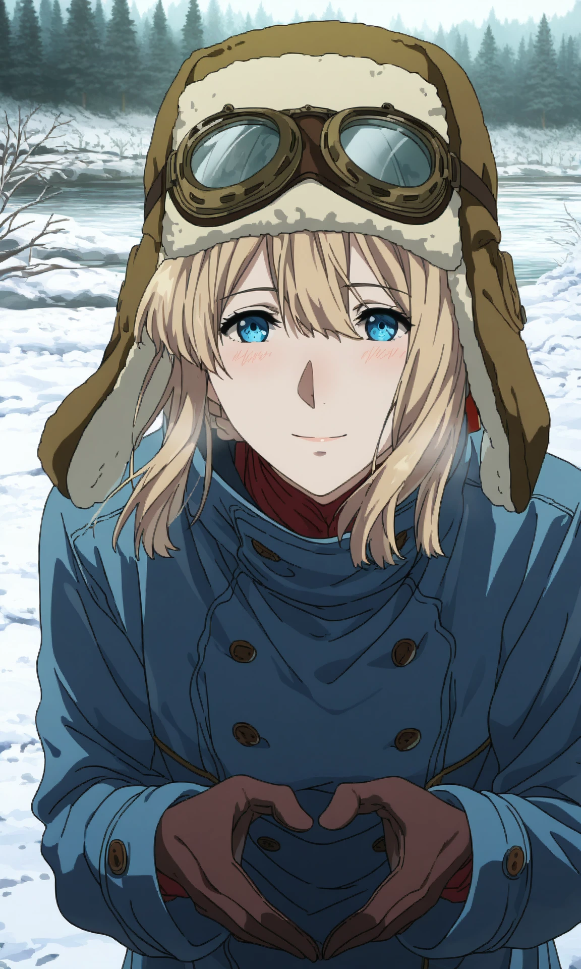 (violetmv:1.0), 1girl, medium hair, blue eyes, blonde hair, ribbon, red ribbon, braid, coatoutfit, defaulhaircut, cowboy shot, brown gloves, high collar, blue coat, trench coat, buttons, fur hat, ushanka, goggles, winter, wind, river, (mature female:1), (skinny:0.5), snow, heart hands, forest, blooking at viewer, pov, leaning forward, expressionless, light smile, blush, upper body, (masterpiece, best quality, very awa, painting \(medium\):1.2)