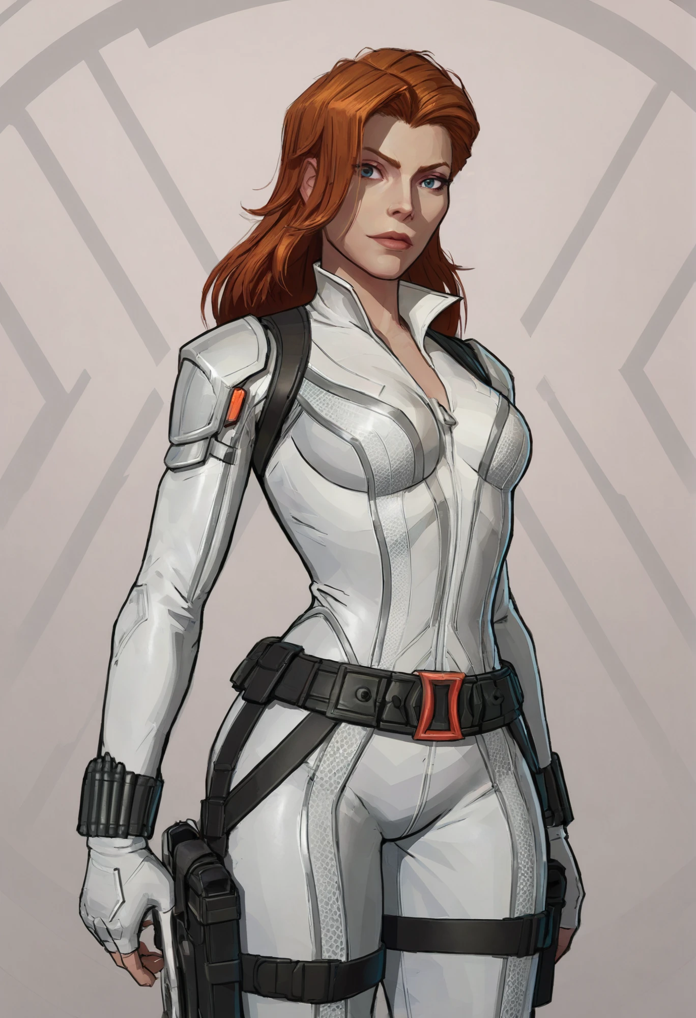 score_9, score_8,score_7, score_6,perfect quality, best quality, skin texture, 1girl, indoors, cowboy shot, medim breasts, sexy, looking at viewer, <lora:gotonai_widow_mcu:0.7> gotonai_black_widow, white bodysuit, red hair, long hair, braidmblue eyes,cowboy shot, sexy pose,(white background,simple background:1.3), <lora:PhilBourrassaXLLocon:0.6> <lora:incase-ilff-v3-4:0.4>