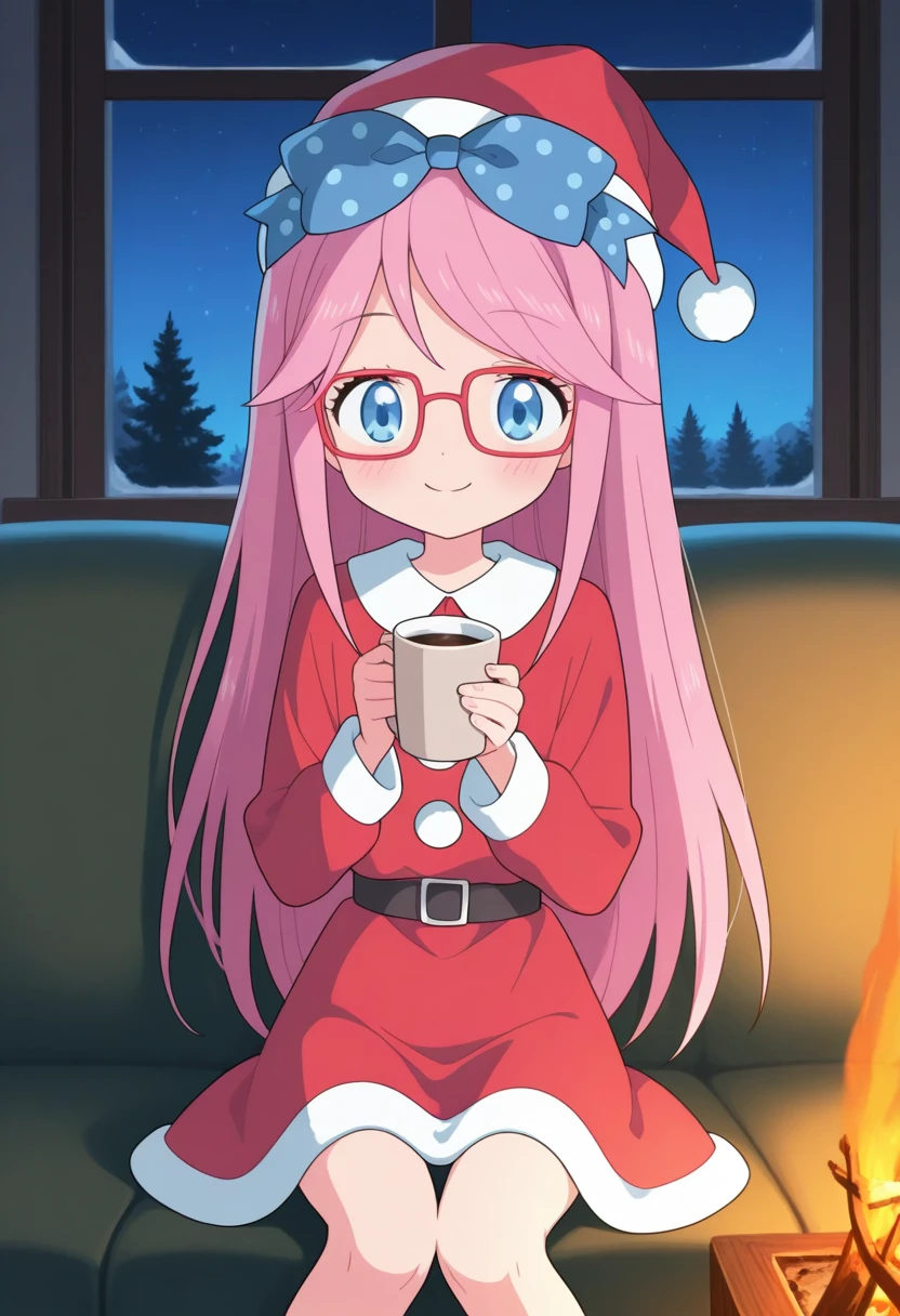 best quality, masterpiece, BREAK humanluna, 1girl, solo, long hair, blue eyes, red-framed eyewear, polka dot bow, pink hair, livingroom, indoors, fireplace, santa dress, santa hat, smile, night time, holding coffee, sitting, couch