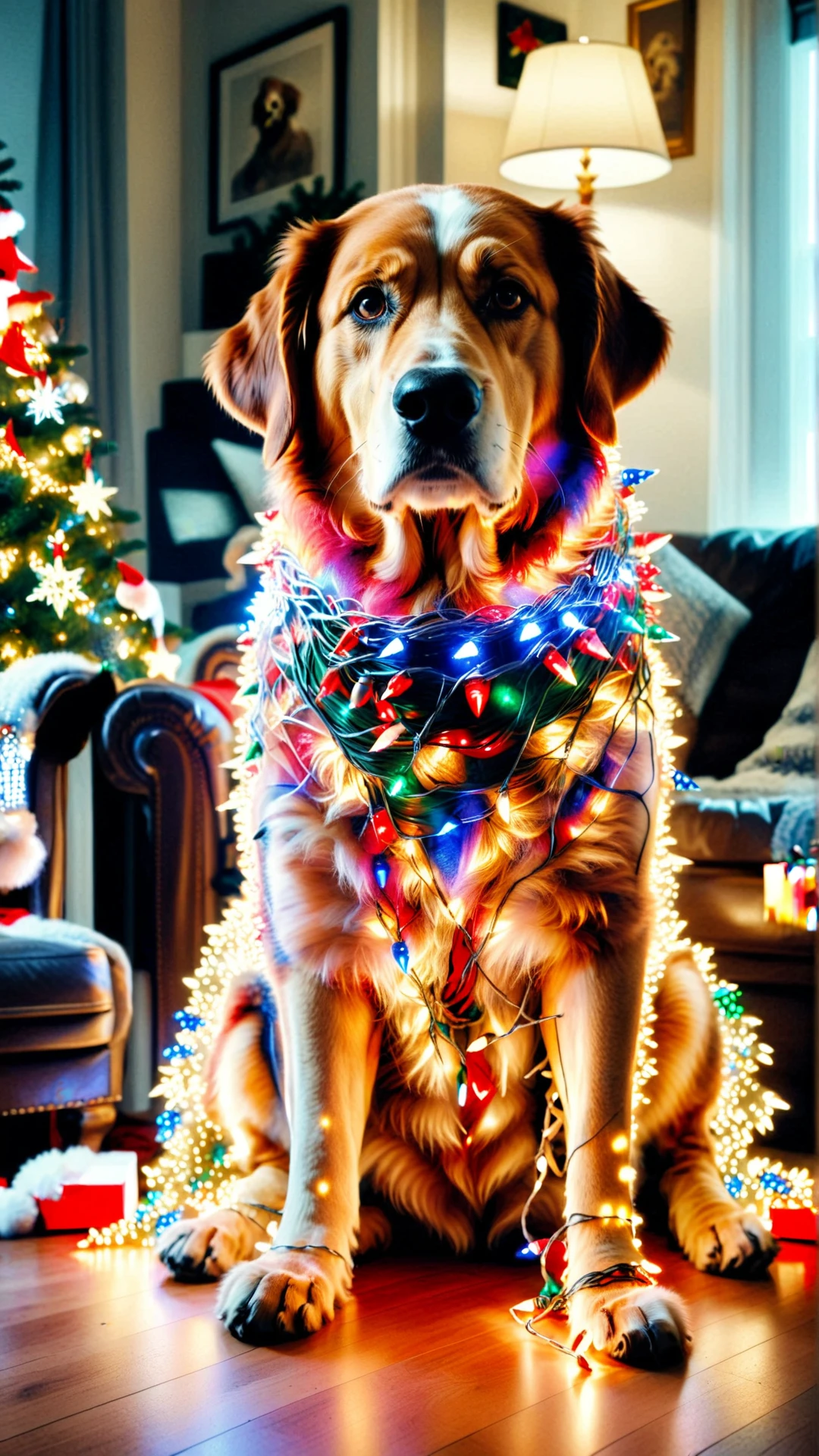 A creative picture of a ChristmasLightsStyle brave hero's loyal companion. <lora:ChristmasLightsStyleSDXL:1.0>