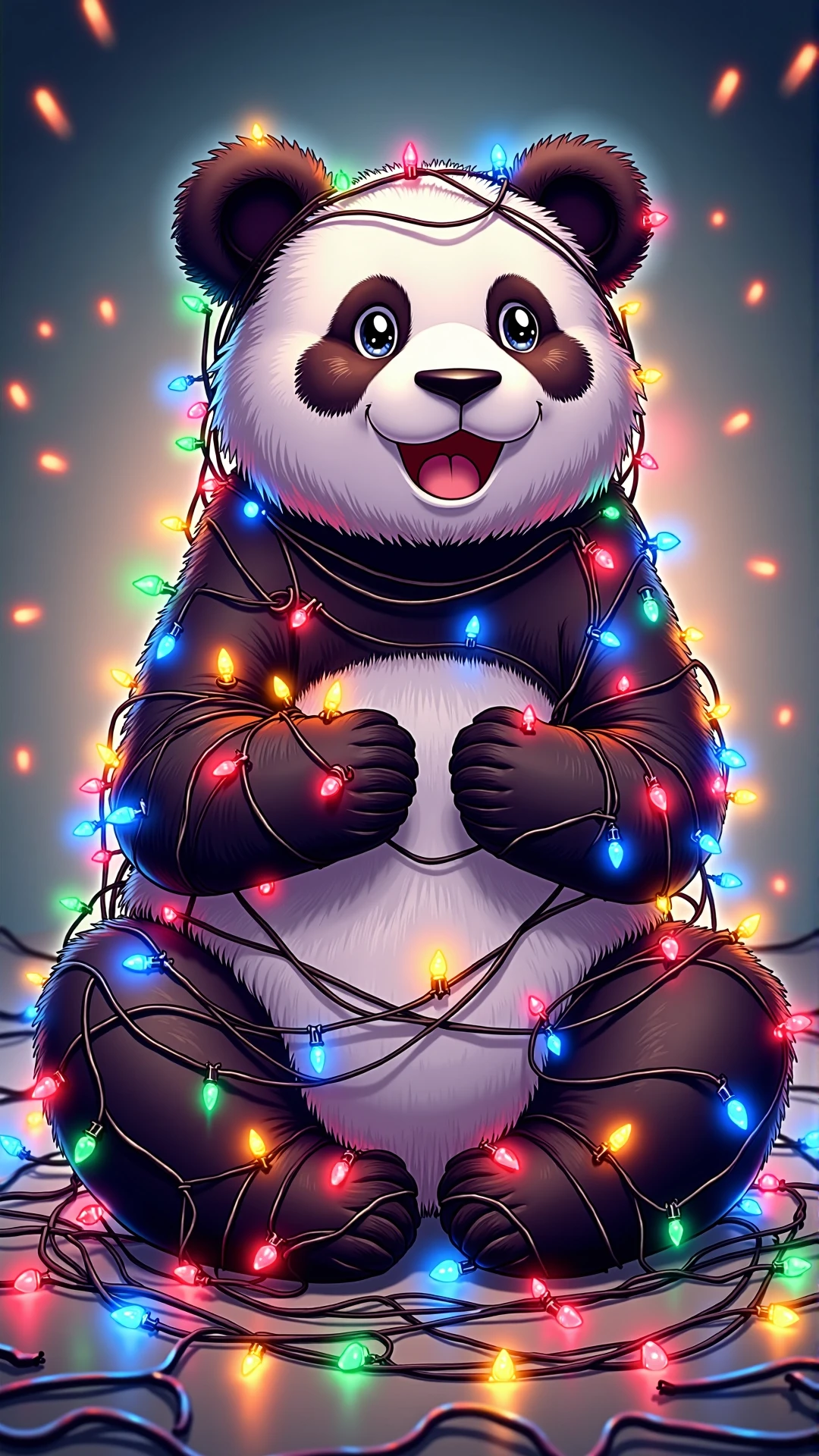 An anime depiction of a ChristmasLightsStyle Panda. Covered in  christmas lights, tangled wires all wrapped up
<lora:ChristmasLightsStyleFlux:0.6>