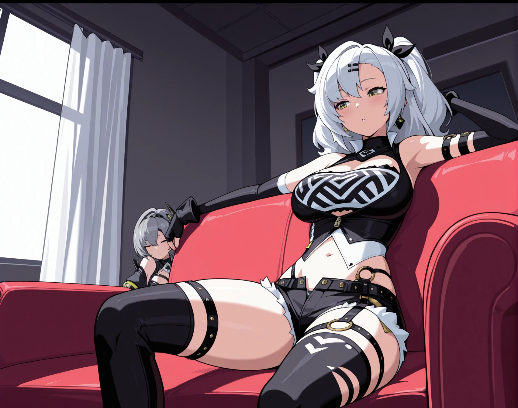 <lora:_zzz_comix_NAIXL-000020:1.1>  zzzgamecomix style, best quality, masterpiece, uncensored, source_anime, A female character wearing a black top and pants is sitting on a red sofa. Her black pants are unbuttoned at the crotch, revealing her bare thighs and abdomen. She is wearing a black bra and a black bandeau. Her hands are resting on the sofa, and she has a silver hair accessory on her head. The room has white sunlight coming in from the window, creating a warm atmosphere. The background of the picture is a dark gray room with white curtains. In the middle of the curtains, there is a bright white diamond-shaped object emitting a bright white light.