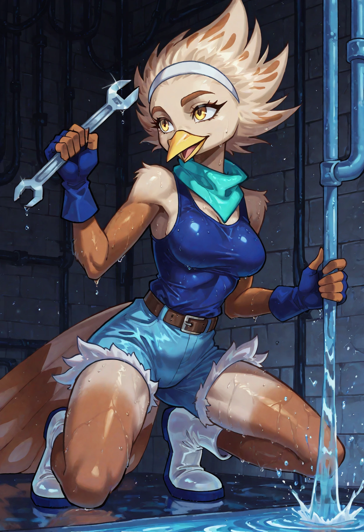 (beautiful, masterpiece, detailed), 1girl, solo, k41k0, female anthro bird, furry bird, avian, medium breasts, beige feathers, fluffy feathers, detailed feathers, beige hair, spiky hair, beak, yellow beak, yellow eyes, bird tail, teal scarf, white hairband, blue gloves, fingerless gloves, blue tank top, blue shorts, belt, white footwear, holding object, tool, holding wrench, indoors, water pipes. pipes leaking water, flowing water, brick walls, dark surroundings, wet female