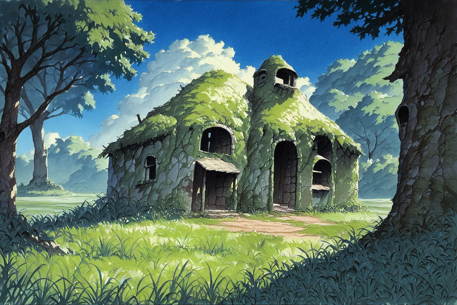 <lora:ghibli_landscapes:1>ghibli landscapes, scenery, outdoors, no humans, tree, grass, traditional media, blue sky, cottage, ruins covered in moss, , source_anime, score_9_up, score_7_up, score_8_up