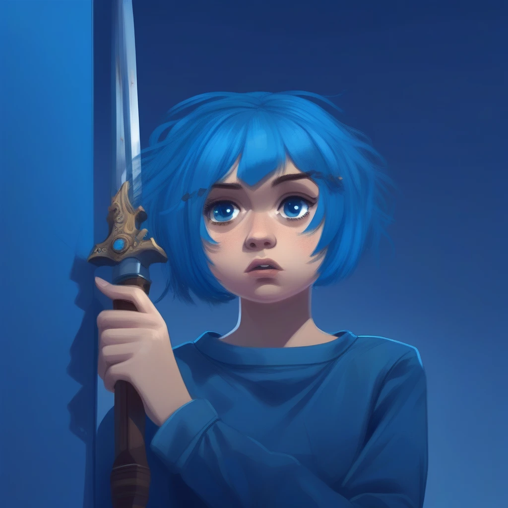 hair ornament, door, blue background, portrait, from below, looking up, upper body, holding weapon, short hair, girl, sad