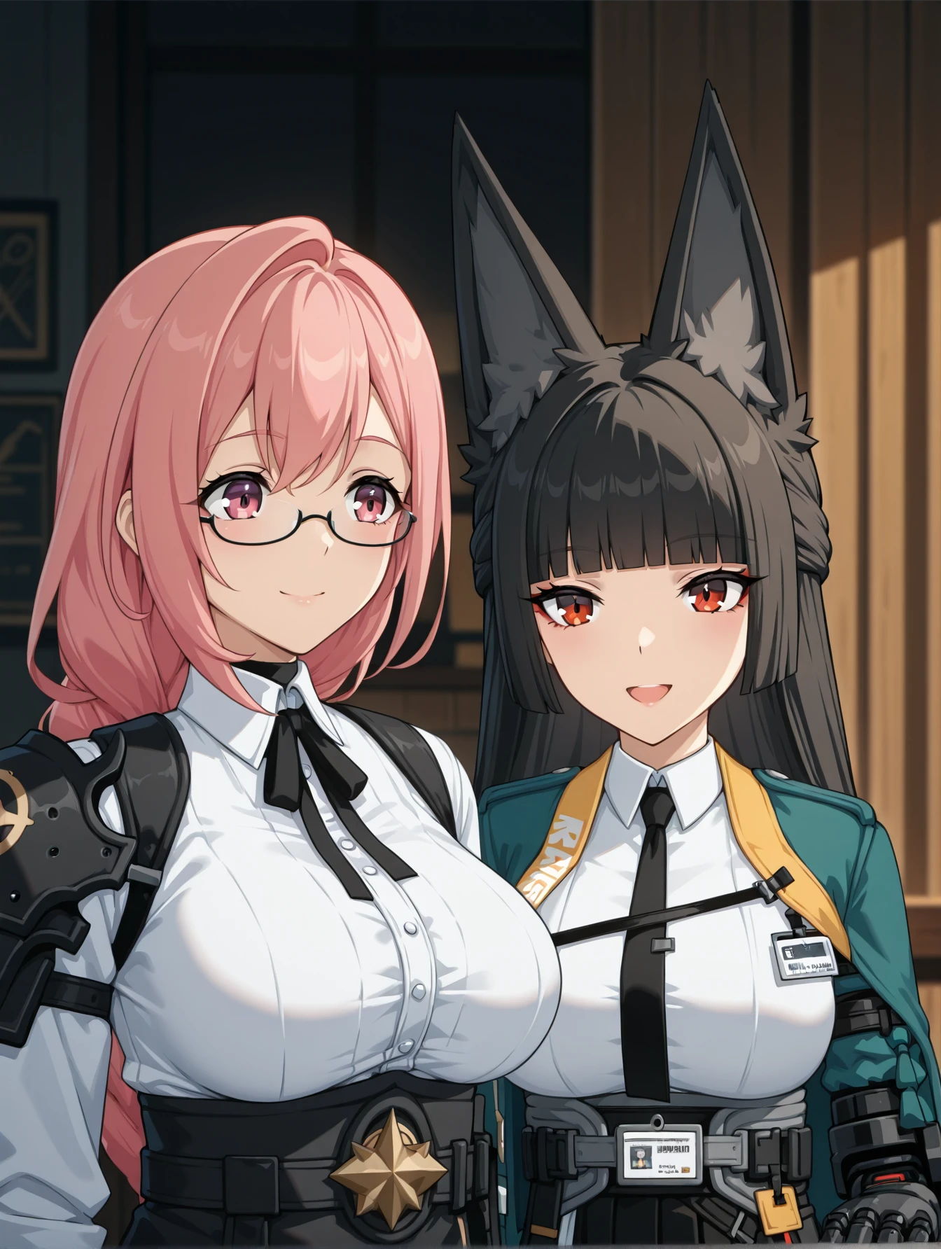 <lora:yanagi-miyabi-zzz-illustrious:1> 2girls, talking, cafe, masterpiece, best quality, cinematic lighting
2girls, smile, yanagi, pink eyes, pink hair, semi-rimless eyewear, dress shirt, collared shirt, black neck ribbon, shoulder armor, underbust, belt, black gloves, id card, high-waist skirt
2girls, happy, miyabi, red eyes, green jacket, necktie, black necktie, white shirt, id card, single fingerless glove, single mechanical arm, hakama skirt, pantyhose