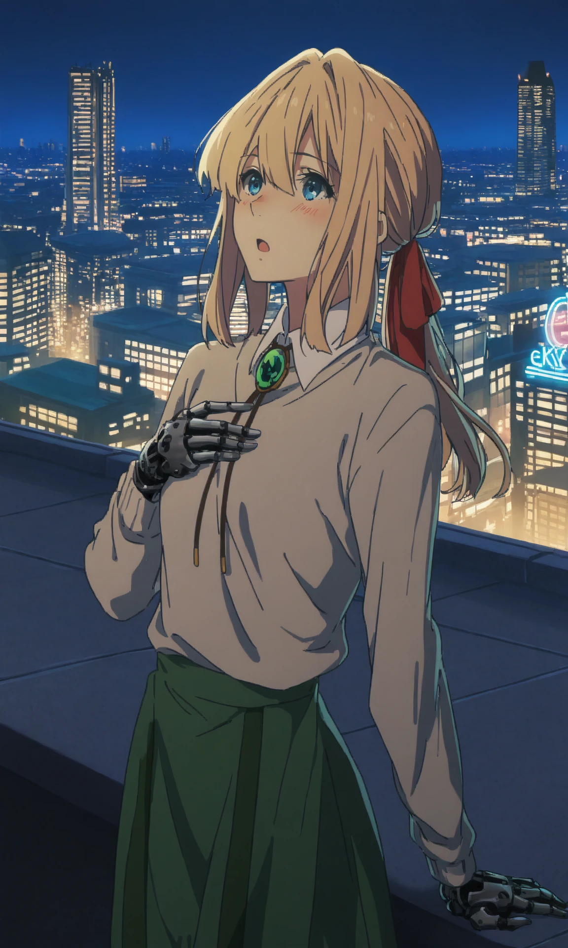 violetmv, 1girl, casualoutfit, ponytailhaircut, blue eyes, hair intakes, ponytail, long hair, blonde hair, hair ribbon, mechanical hands, red ribbon, hair ribbon, white shirt,collared shirt, bolo tie, green gemstone, green skirt, long skirt, city, (skyscraper:1.1), beige sweater, hand on own chest, arm support, looking up, surprised, open mouth, blush, rooftop, scenery, night, cityscape, city light, neon lights, standing, cowboy shot, mature female, (skinny:1), small breasts, (masterpiece, best quality, very awa, painting \(medium\):1.2)