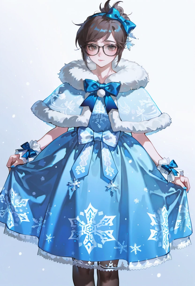 blue smc dress, bow, fur-trimmed capelet,snowflake print,snowing,1girl,solo,konya_karasue,looking at viewer,mei (overwatch)