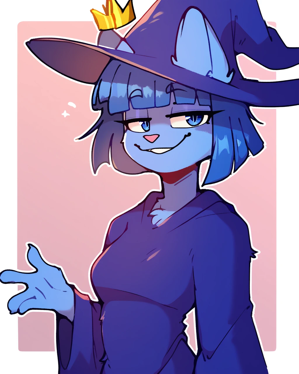 score_9_up, score_8_up, score_7_up, score_6_up, by remanedur, half-length portrait, blue hair, medium breasts, furry female, blue eyes, female, furry, cat, looking at viewer, blunt bangs, blue robe, witch, blue witch hat, crown, floating crown,  short hair, blue hair, blue body, tail, solo, happy, smile, three-quarter view, smug, smile,  head tilt, simple background, white outline, <lora:Leah_Pines(AIM)_XL_v1:0.15> <lora:PDXL_artist_tags_v2_big:0.5> <lora:The-Minuscule-Task_PDXL_v1.0:0.6>   <lora:Cat_Witch_smekbo:0.9>