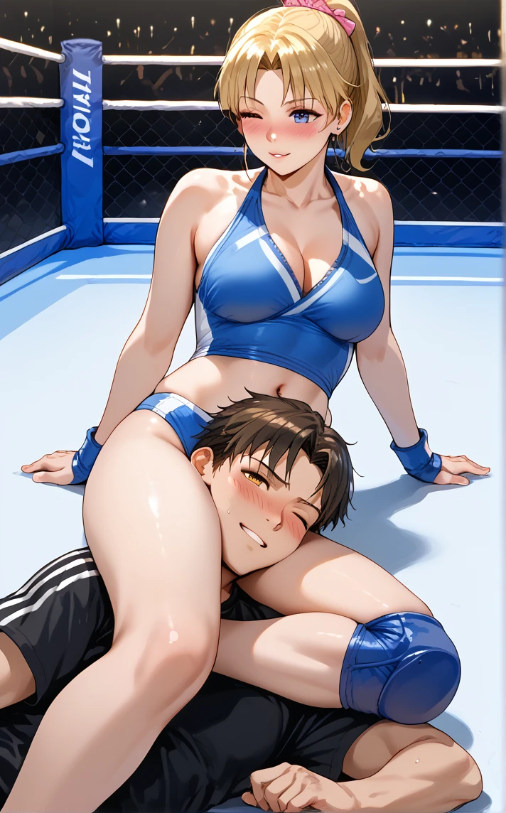 anime character with a muscular man in a boxing ring, hajime no ipo box fight, posing for a fight intricate, boxing match, fight pose, in a boxing ring, brutal fight, knockout punch, resting after a hard fight, muscular!!, in a fighting pose, posing for a fight, fighting pose, boxing, asuka suit under clothes!, sfw version