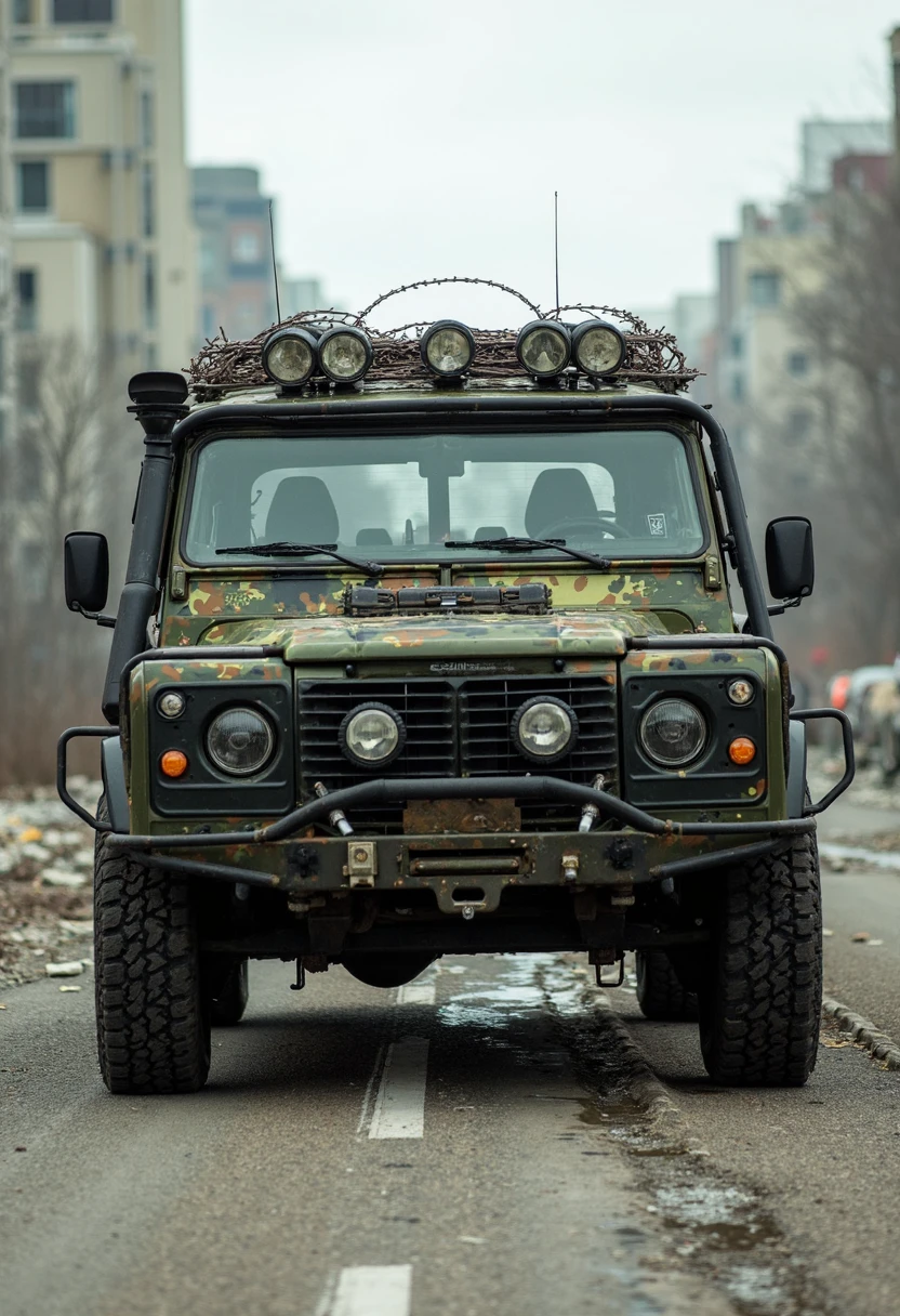 Photo of an apocalyptic city scene. In the middle of the ruined road is a camouflage 4x4 Zombie hunting vehicle with barbed wire, spikes and armour plates. View is from slightly above, focused on the vehicle  <lora:flecktarn_flux_lora:1>