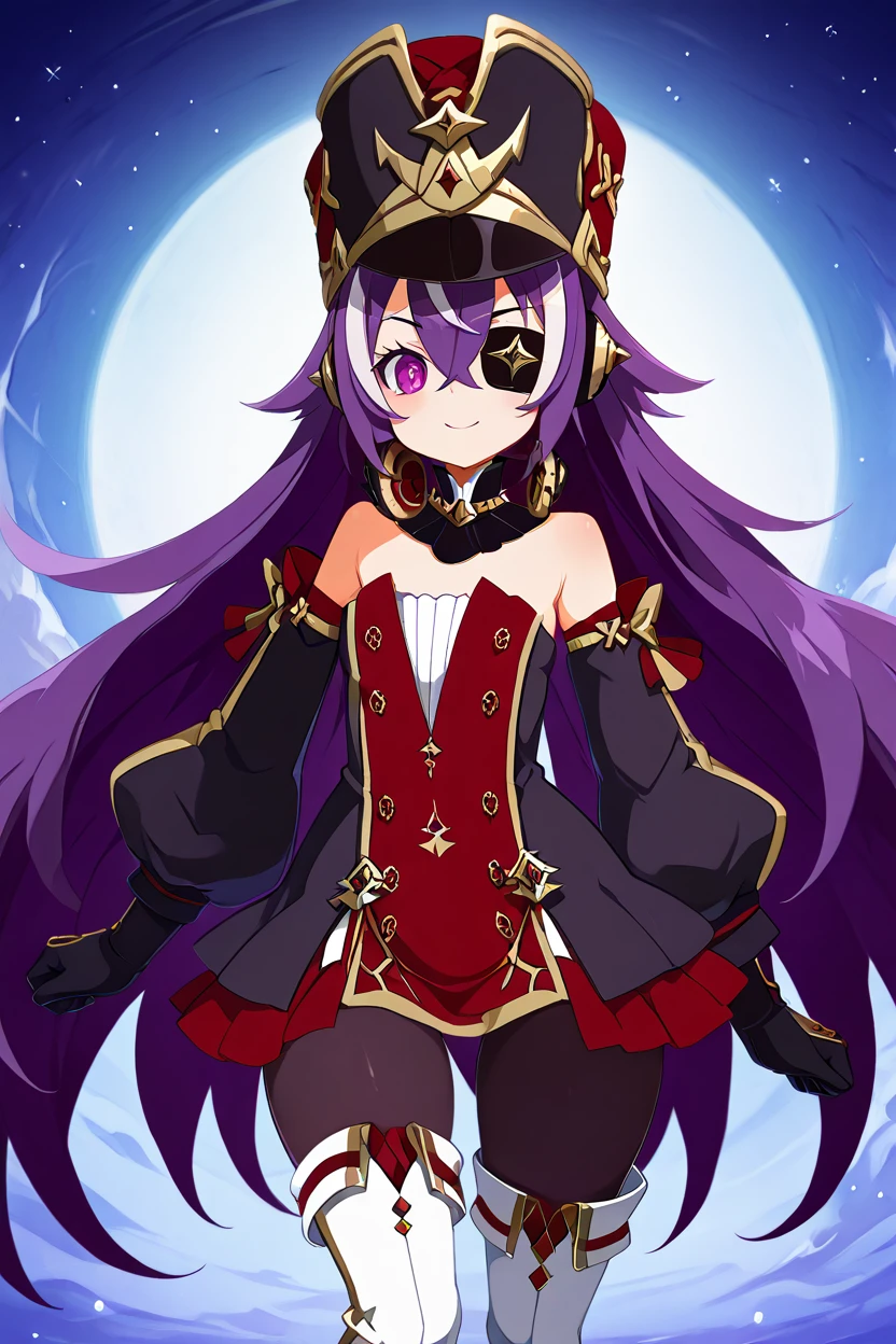 masterpiece, best quality, solo, curvy, beautiful eyes,,<lora:ChevreuseGenshinIXL:1.0>, zzChevreuse, purple eyes, hair between eyes, long hair, multicolored hair, purple hair, streaked hair, white hair, hat, earmuffs, eyepatch, bare shoulders, gold trim, white gloves, gloves, puffy detached sleeves, detached collar, pantyhose, white thigh boots, upper body, smile, looking at viewer, shiny skin,<lora:HaradaTakehitoIXL_v3:1.3>, <lora:ZankuroIXLLight_v2:0.6>,