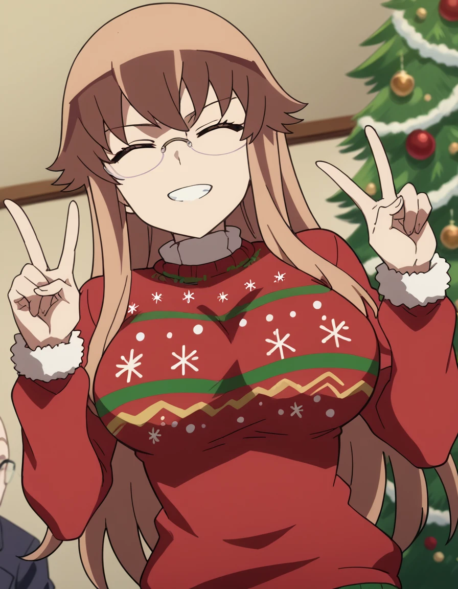 score_9, score_8_up, score_7_up, source_anime, <lora:charlotte-zoom-s1-ponyxl-lora-nochekaiser:1>, charlotte zoom, long hair, brown hair, brown eyes, glasses, sidelocks, large breasts, anime screencap,, <lora:christmas-sweater-ponyxl-lora-nochekaiser:1>, christmas sweater, christmas, ugly sweater, print sweater, red sweater, christmas tree, christmas ornaments, sweater, multicolored sweater, , v, smile, hands up, teeth, closed eyes, cowboy shot,, , dutch angle, cowboy shot