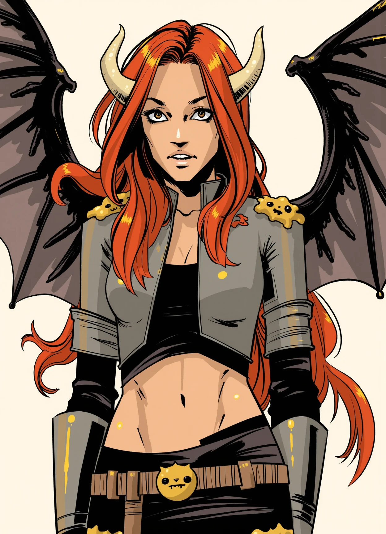 comic book illustration by Fiona Staples, young woman with bright red hair, she has bright red hair and small white horns, she is wearing medieval style leather armor, midriff, bare shoulders, she has small insect-like bat wings.