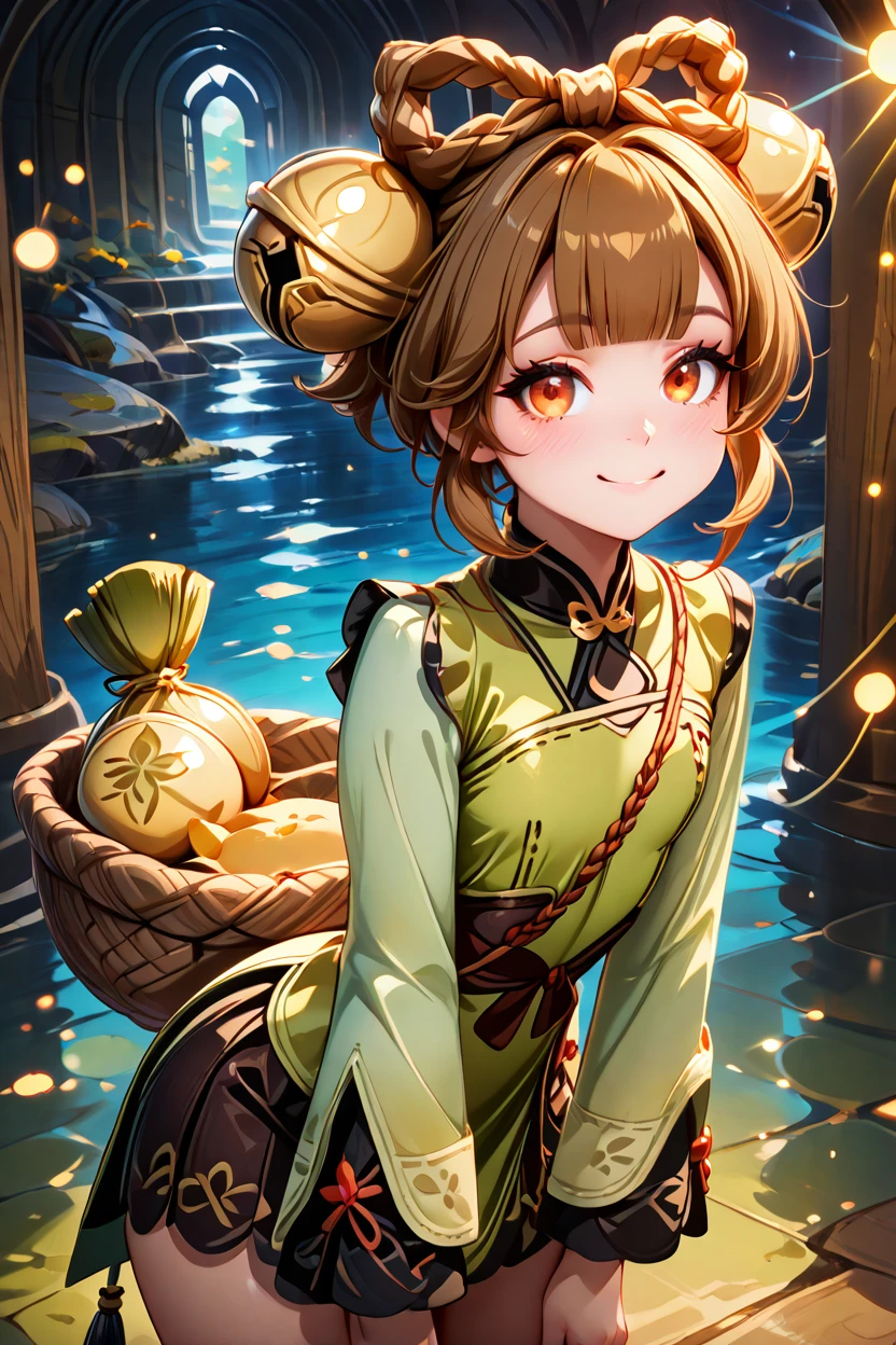 masterpiece, best quality, solo, curvy, beautiful eyes,,<lora:YaoyaoGenshinIXL:1.0>, zzYaoyao, brown eyes, orange eyes, brown hair, hair bell, hair ornament, hair rings, short hair, bell, jingle bell, braid, long sleeves, green dress, blunt bangs, basket, puffy long sleeves, , cowboy shot, leaning forward, smile, looking at viewer, shiny skin,<lora:RealisticAnimeIXL_v2:1.0>, shiny skin, bokeh, luminescent background,