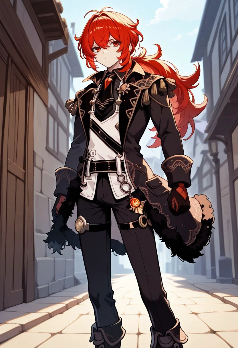 masterpiece, best quality, 

diluc, 1boy, male focus, solo, red eyes, red hair, long hair, low ponytail, bangs, hair between eyes, antenna hair, shirt, black shirt, collared shirt, necktie, black necktie, vest, white vest, coat, black coat, long sleeves, gloves, black gloves, belt, vision (genshin impact), pants, black pants, boots, black footwear,

outdoor,