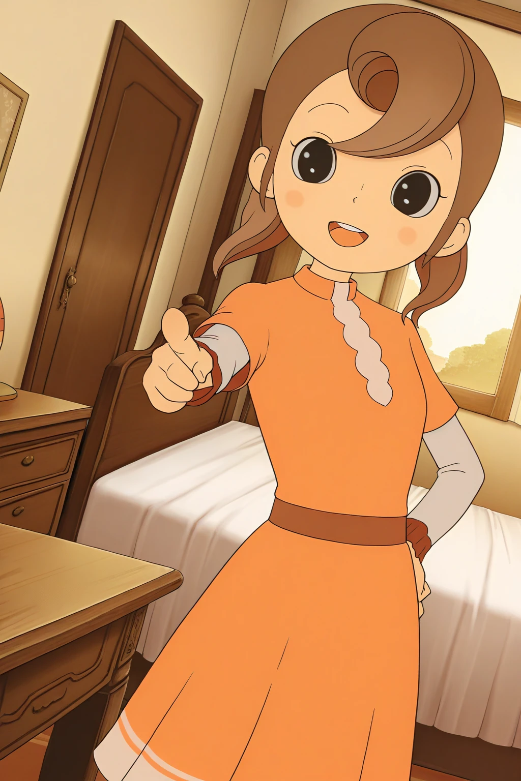 masterpiece, best quality, amazing quality, absurdres, solo, florareinhold, smile, open mouth, pointing at viewer, hand on own hip, dutch angle, looking at viewer, brown hair, black eyes, orange dress, indoors, desk, bed, room