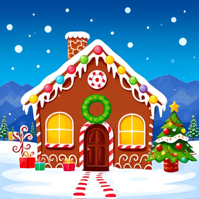 The image is a colorful, whimsical flat color digital drawing in a cartooish-style of a gingerbread cottage house with warm glowing windows prominently displayed in the center of a festive holiday themed outdoors scene. Icicles hang from the edges of the snow covered roof and chimney. There is a large green wreath above the door. The background features a deep twilight blue sky with white snow falling gently, adding to the festive atmosphere. The house has candy dots in various colors along the roof line, and a line of gumdrops along the peak. The house has red and white striped candy corner trim. The door is outlined. The gingerbread structure stands on the snow-covered ground with a cleared path leading to the front door. To the right of the house, a small Christmas tree, decorated with colorful ornaments.  Mountain skyline.