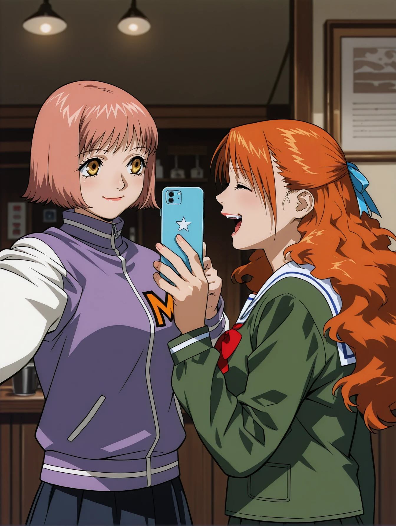 <lora:mikura-momomi-v4-illustrious-000009:0.9> 2girls, cafe, upper body, masterpiece, best quality, cinematic lighting
2girls, selfie, smartphone, smile, m1kur4a, letterman jacket, skirt
2girls, laughing, imo0m1, long hair, hair ribbon, serafuku, green shirt, skirt