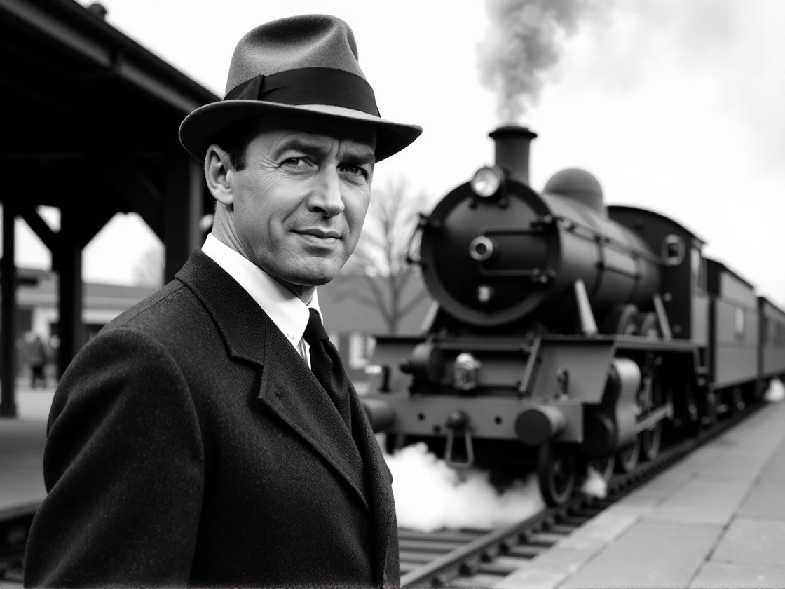 <lora:james-stewart-1940s-000001:1> man, wearing a 1940s hat and suit, standing next to a steam engine as it begins to leave the station, black and white film <lora:zz_s_Stylish_Lighting:0.5>, looking directly at the viewer, looking directly at the camera, making eye contact, looking straight ahead