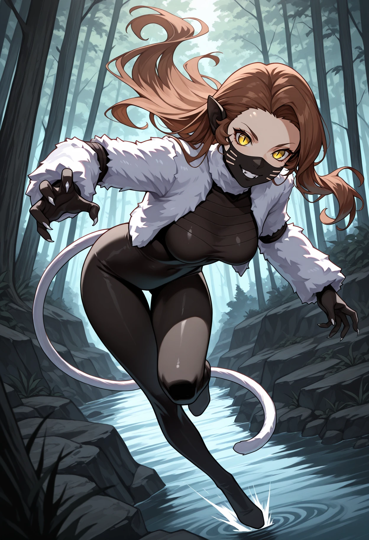 masterpiece, best quality, 1girl, incoming attack, claws, grin, midair, full body, <lora:NekomataSMT-illu:1> nekSMT, brown hair, long hair, yellow eyes, slit pupils, mouth mask, fangs, pointy ears, white cropped jacket, fur jacket, open jacket, long sleeves, black bodysuit, medium breasts, skin tight, cat tail, white tail, forest, river