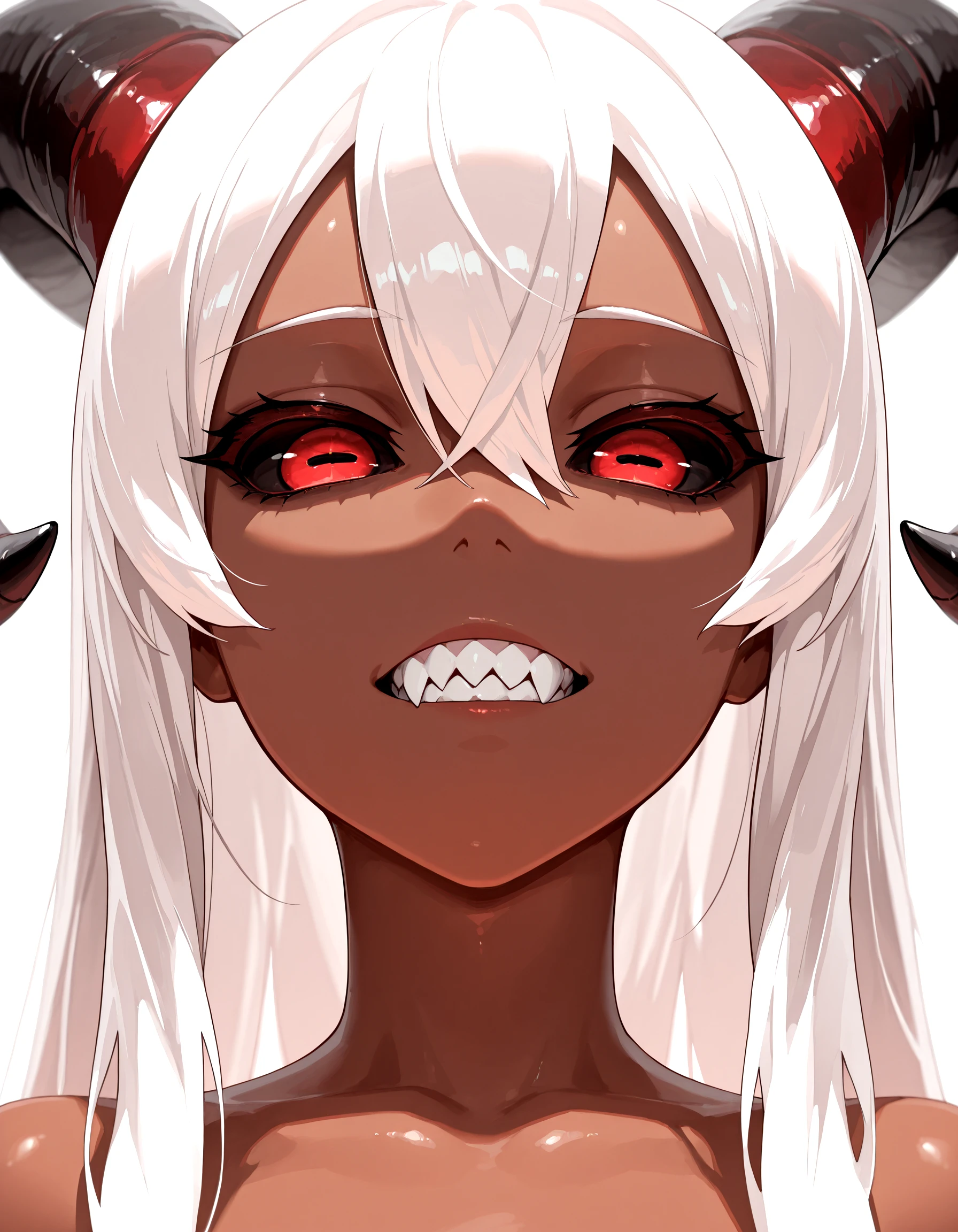 <lora:HorizontalPupilsIllust_epoch_9:0.99>close-up, masterpiece,best quality,absurdres, amazing quality, 1girl, very_long_hair, white_hair, ram_horns, black_sclera, sharp_teeth, dark_skin, red_eyes, horizontal_pupils