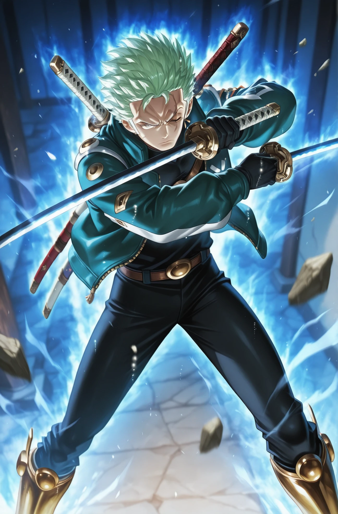 masterpiece, best quality, 2.5D, 
 <lora:Ultra Instinct [IL]:1.5> ultra_instinct, white and blue aura,  floating hair, silver hair, fight stance,
 <lora:Zoro Egghead V3 [IL]:0.7> zoro_egghead, male focus, 1boy, green hair, short hair, scar on face, one eye closed, scar across eye, jacket, black gloves, black pants, gold boots, katana, sheath, sheathed, weapon on back, holding weapon, dual wielding,