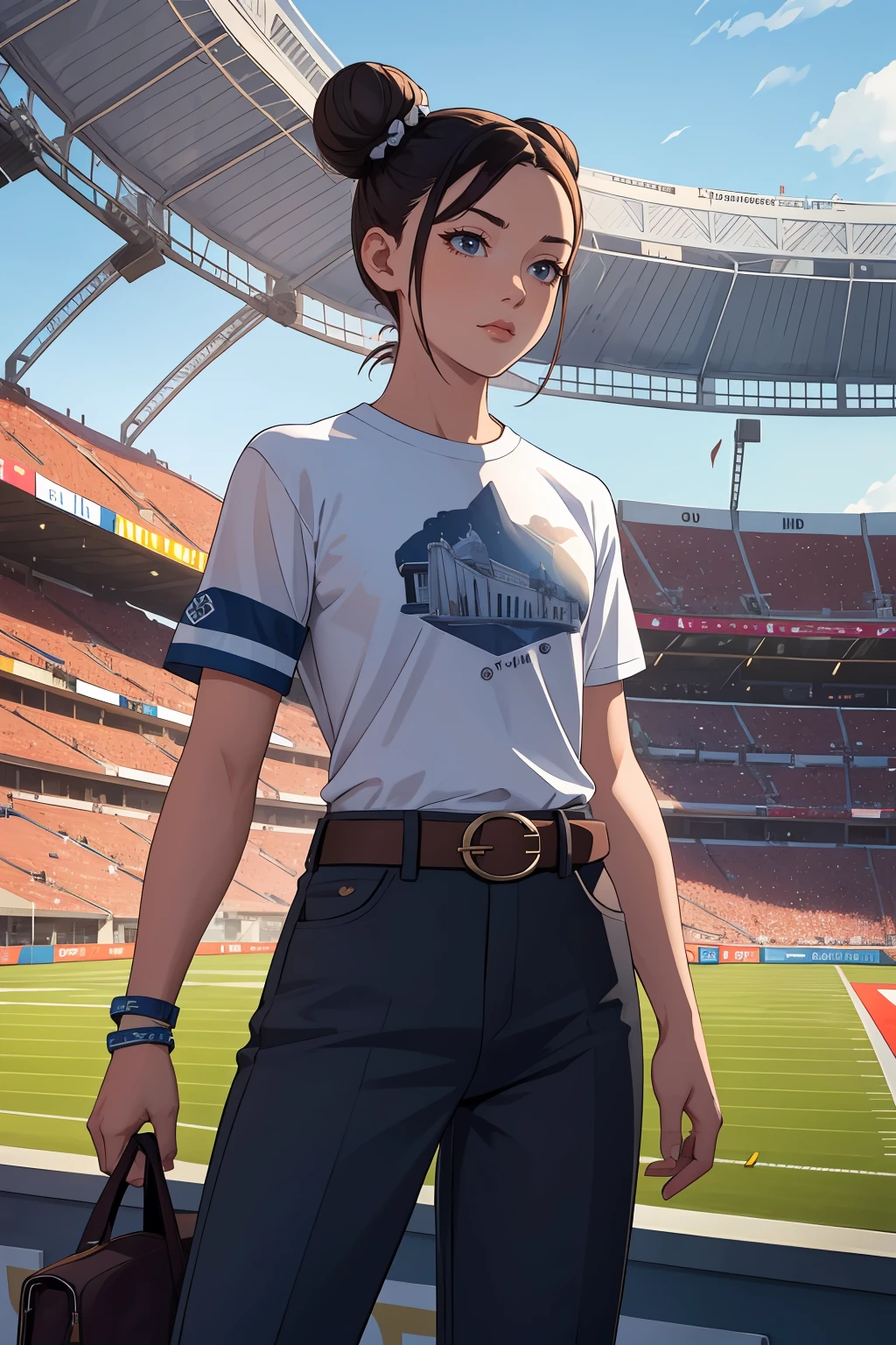 masterpiece, best quality, highres, armband, Fashion clothing, double bun, shirt, belt, pants, outdoors, cowboy shot, standing, stadium ,
<lora:GoodHands-beta2:1>