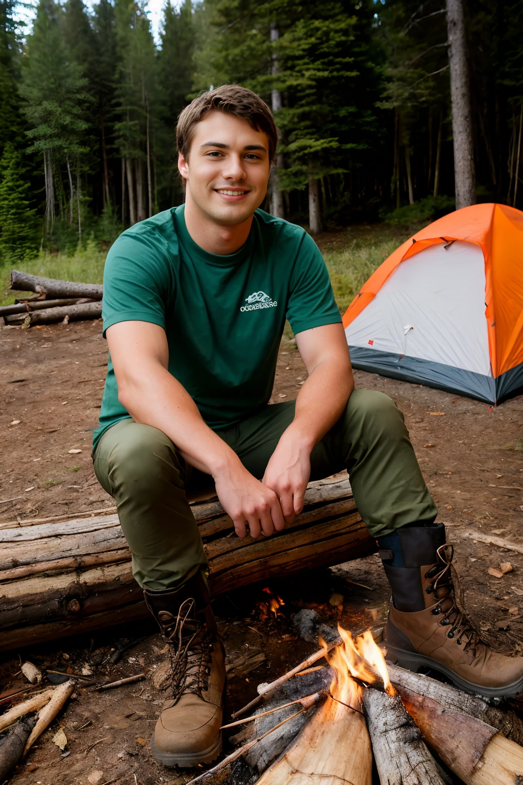 evening, campground, forest and tent in background, (sitting on log beside campfire), smiling, HunterPage, shirt, waterproof hiking pants, brown hiking boots, (((full body portrait))), wide angle <lora:HunterPage:0.8>