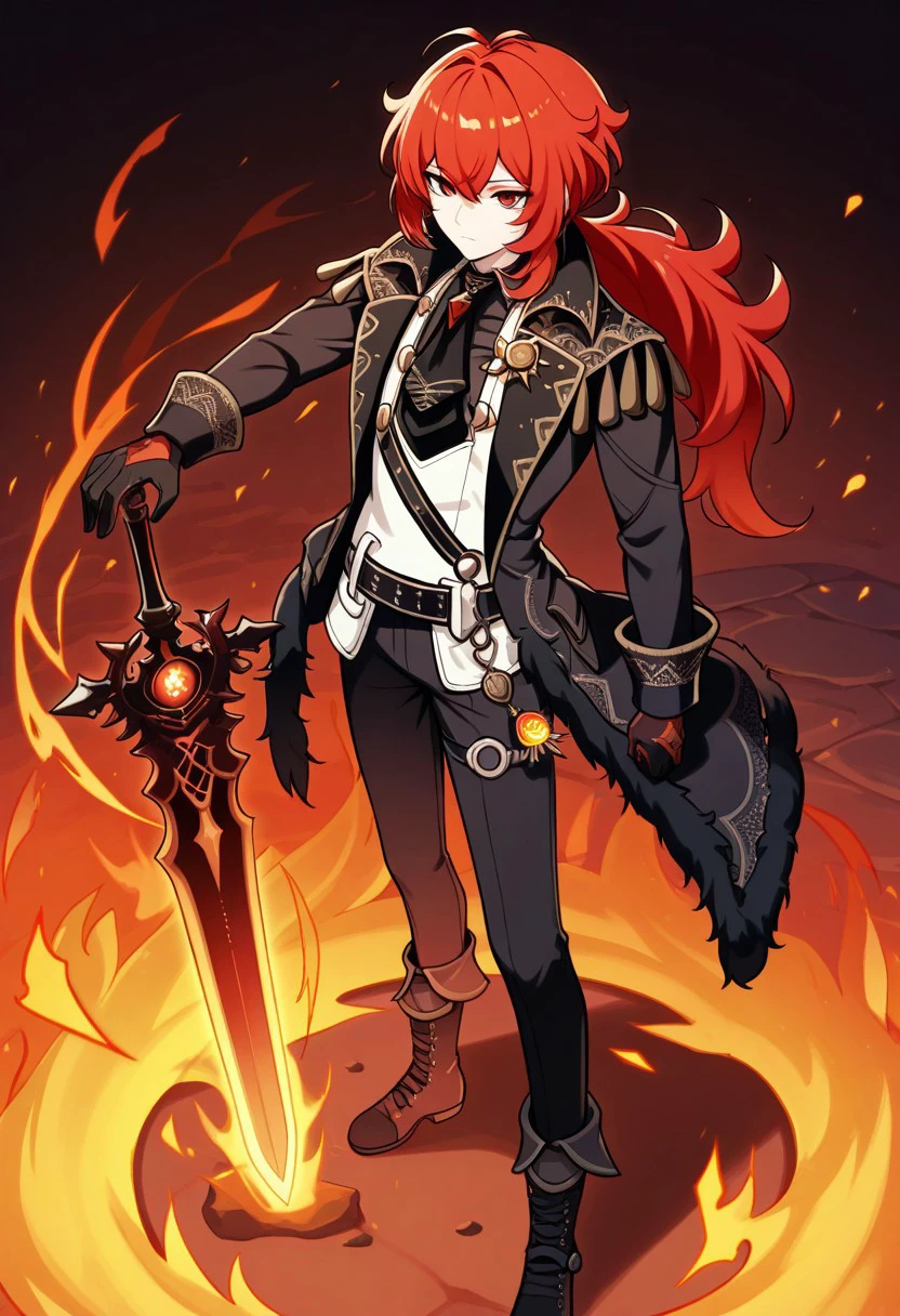 masterpiece, best quality, 
diluc, 1boy, male focus, solo, red eyes, red hair, long hair, low ponytail, bangs, hair between eyes, antenna hair, shirt, black shirt, collared shirt, necktie, black necktie, vest, white vest, coat, black coat, long sleeves, gloves, black gloves, belt, vision (genshin impact), pants, black pants, boots, black footwear, weapong, holding sword, magic, fire, flame, spell,
outdoor,