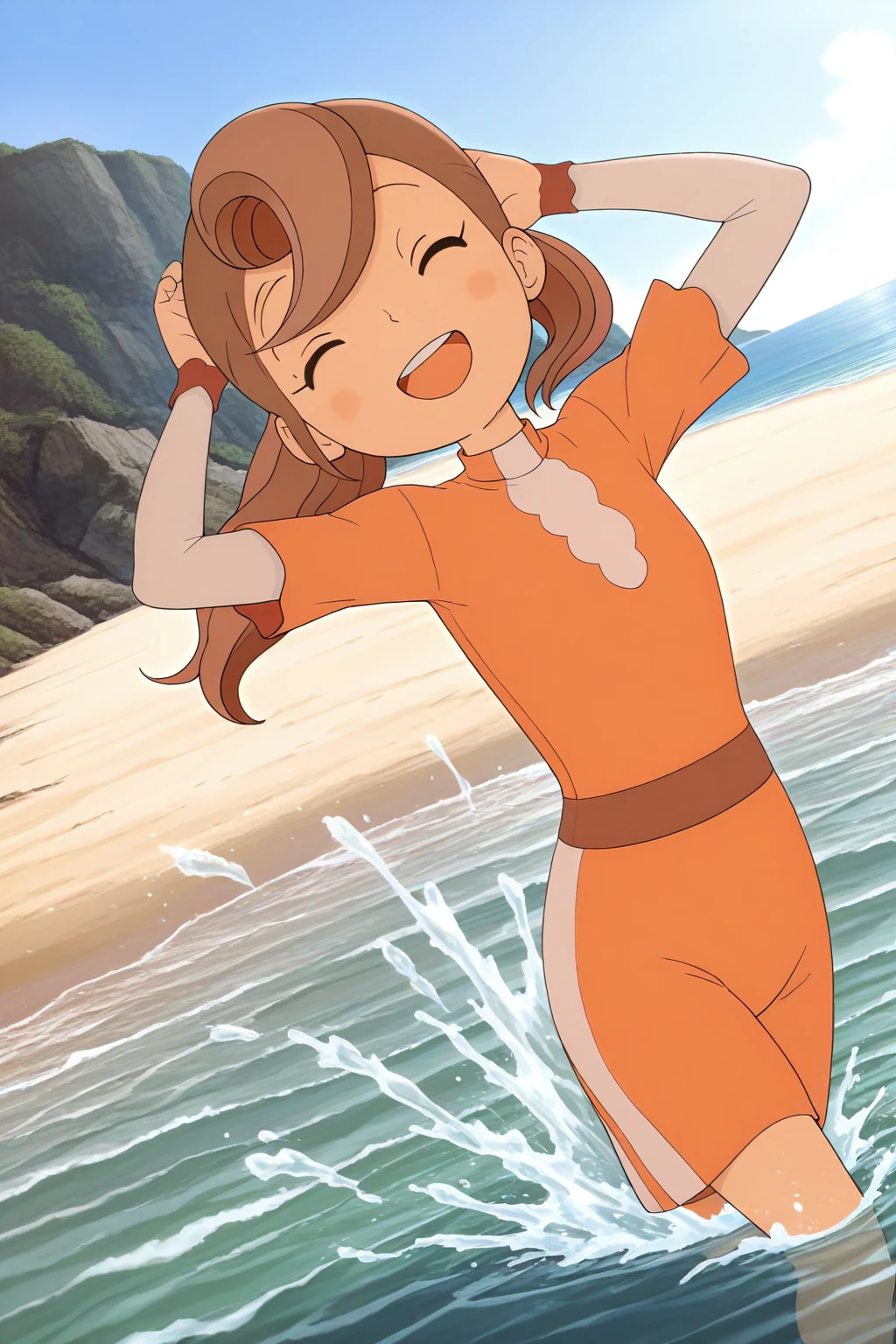 masterpiece, best quality, amazing quality, absurdres, solo, florareinhold, smile, open mouth, splashing, in water, closed eyes, arms up, dutch angle, brown hair, black eyes, orange swimsuit, outdoors, beach, ocean, day, sunny