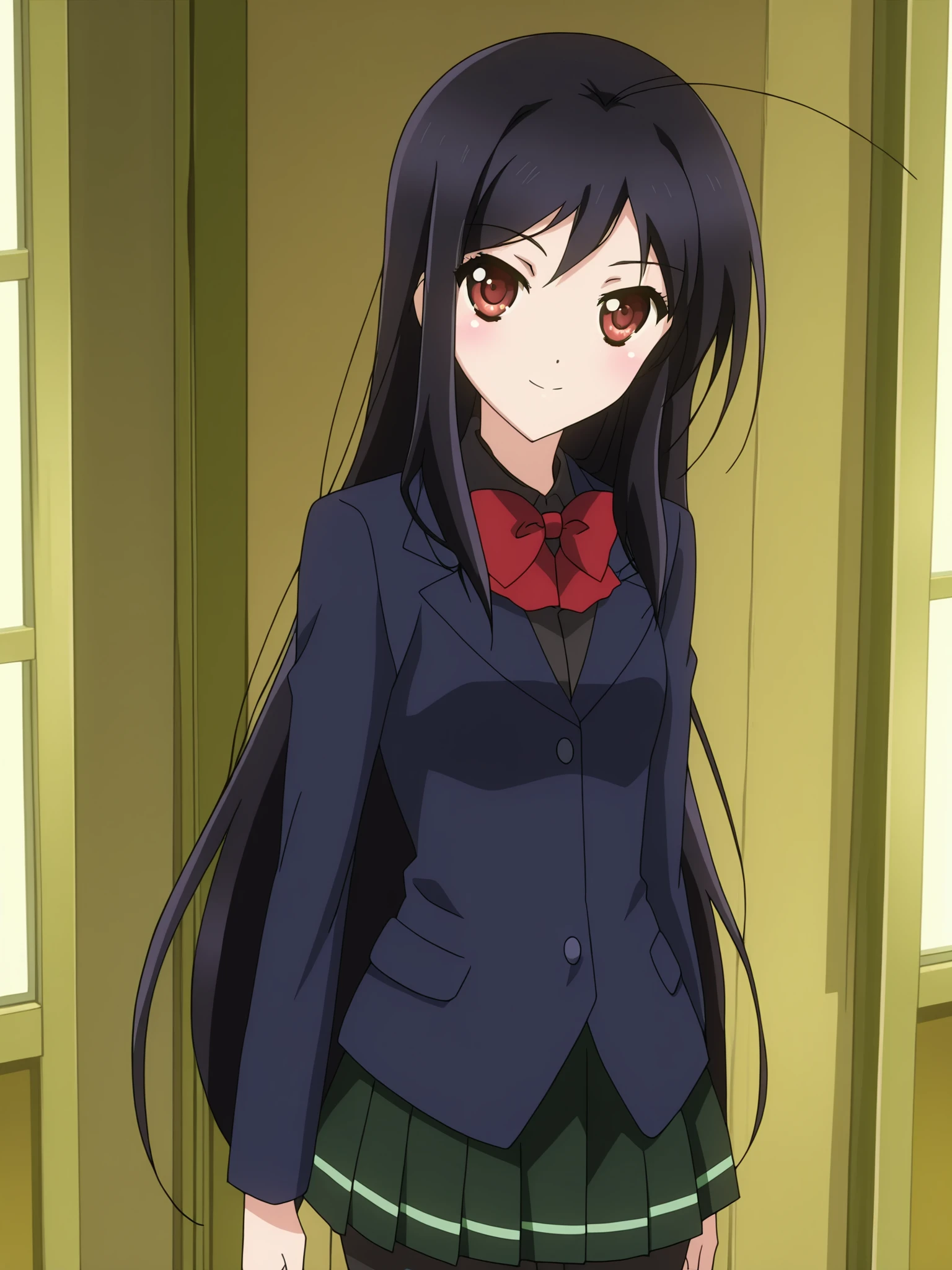 anime screencap, anime coloring, masterpiece,
outside,
 <lora:Kuroyukihime_Accel_World_-_Illustrious:.8>, 1girl, solo, Kuroyukihime, Black hair, long hair, red eyes, antenna hair, small breasts, Kuroyukihime school uniform outfit, school uniform, bowtie, skirt, black pantyhose, blazer,  looking at the viewer, smiling, cowboy shot