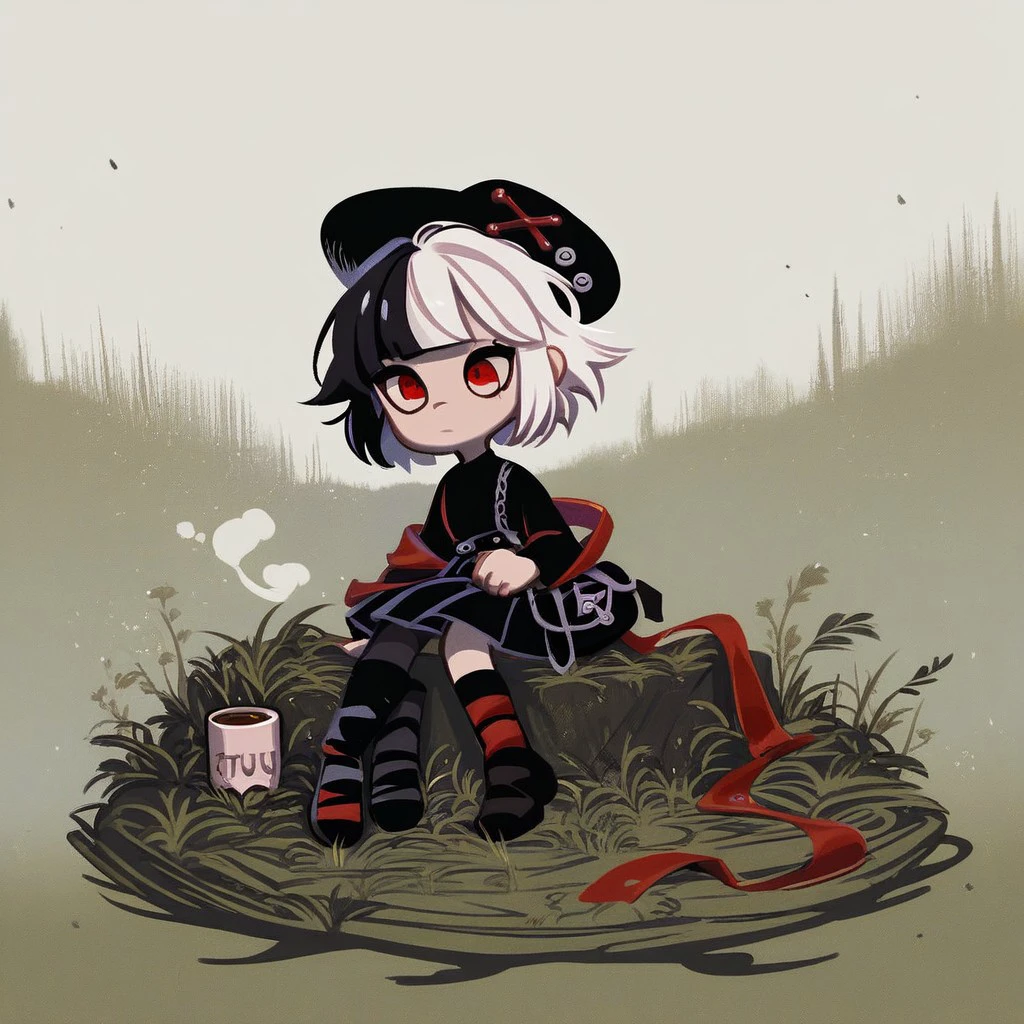 score_9, score_8_up, score_7_up, score_6_up, score_5_up, score_4_up, currant, black and white hair, red eyes, black shirt, black skirt, mismatched shoes, purse, black hat, ribbon, sitting, detailed background, grass, mug of tea