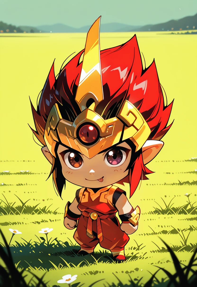 masterpiece, best quality, vibrant, very aesthetic, high contrast, chibi, 1boy, solo, <lora:Zenki_Illu:0.8> zenki_kdz, goty outfit, ;p, meadow, masterwork, highly detailed, absurdres, masterful composition