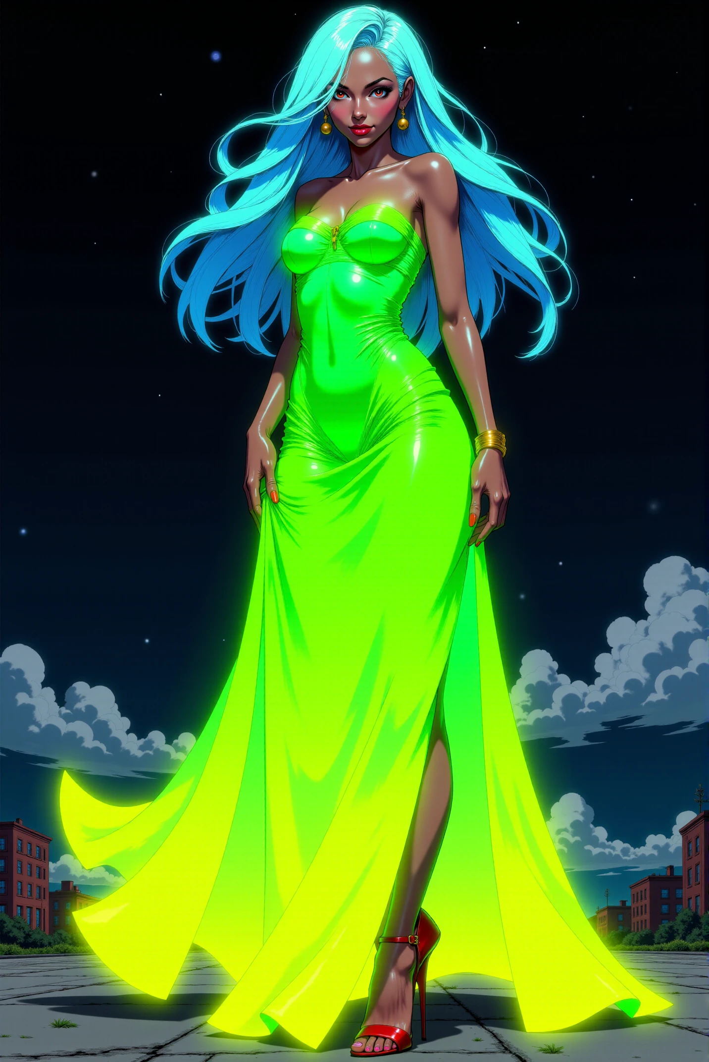 <lora:DGLO_style_v.6:0.8>
This is a vibrant, high-resolution digital comic book illustration of a woman with an ethereal, surreal aesthetic. The artwork features a tall, slender woman with long, flowing glowing blue hair that seems to shimmer with a bright otherworldly glow. She has a smooth, light brown skin tone and striking, piercing red eyes. She is dressed in a flowing, strapless gown that transitions seamlessly from flashy green at the top to a day-glo yellow at the bottom, creating a vibrant gradient effect. The dress has a flowing, silky texture that appears to ripple and wave as if it's alive, reflecting the surrounding light.  The woman stands confidently, one hand gracefully holding the folds of her dress, while the other is slightly raised, adding to the dynamic pose. She wears a gold bangle on her right wrist and red high-heeled shoes, which contrast starkly with her dress and the dark, night sky background. She wears a gentle smile on her delicately featured face.