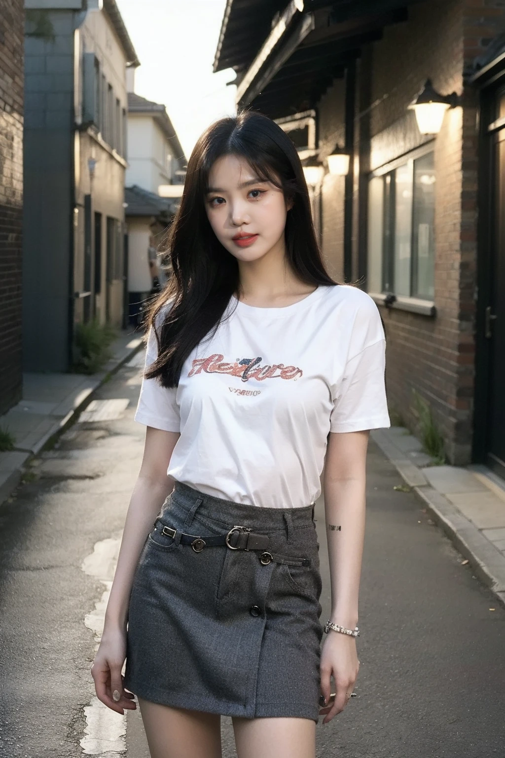 (realistic), (hyperrealism),best quality, masterpiece,ultra high res, (photorealistic:1.4),1girl,pale skin,(looking at viewer:2),street alley,
cowboy shot,    <lora:makina69_soojin_v1.0:1>, casual clothes, skirt