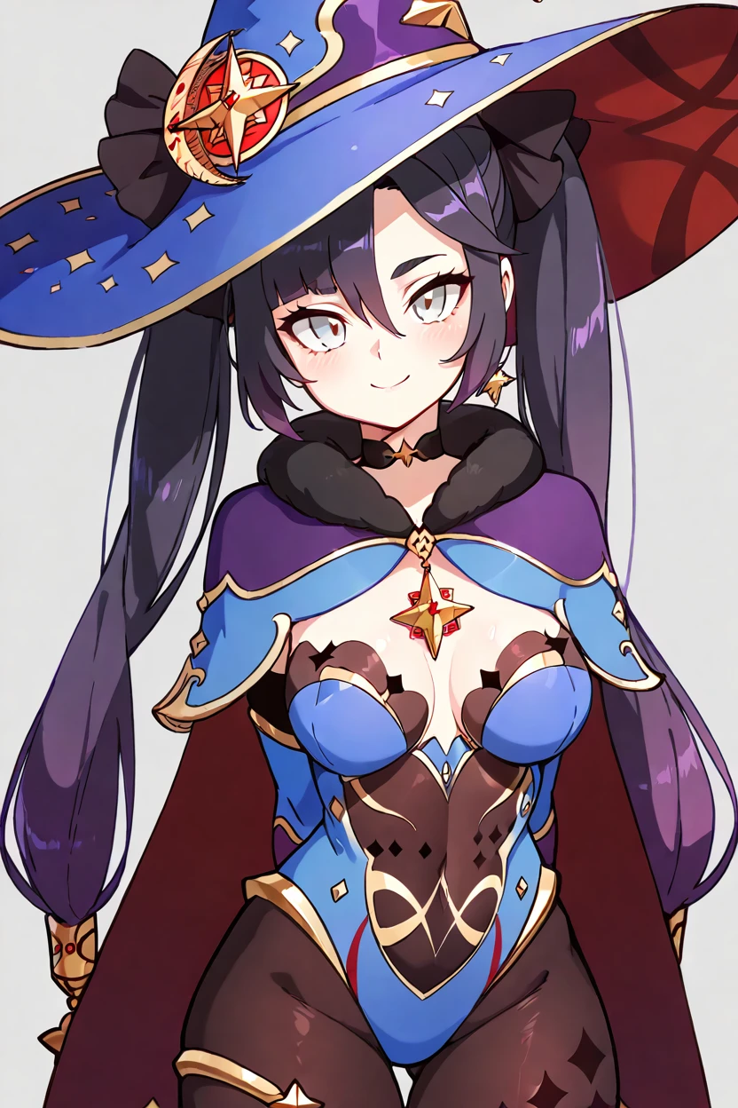 masterpiece, best quality, solo, curvy, beautiful eyes, zzMona, grey eyes, hair between eyes, black hair, hair ornament, long hair, purple hair, twintails, very long hair, leotard, pantyhose, jewelry, witch hat, gloves, ,<lora:MonaGenshinIXL:1.0>,upper body, smile, looking at viewer, shiny skin,<lora:DiivesIXL:1.0>,