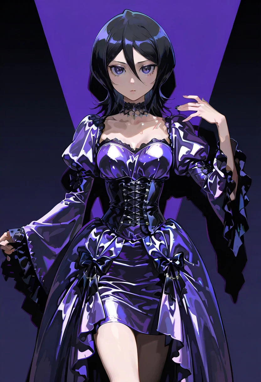 chrushed velvet dress,wide sleeves, purple dress, choker, corset,1girl,solo, kuchiki_rukia