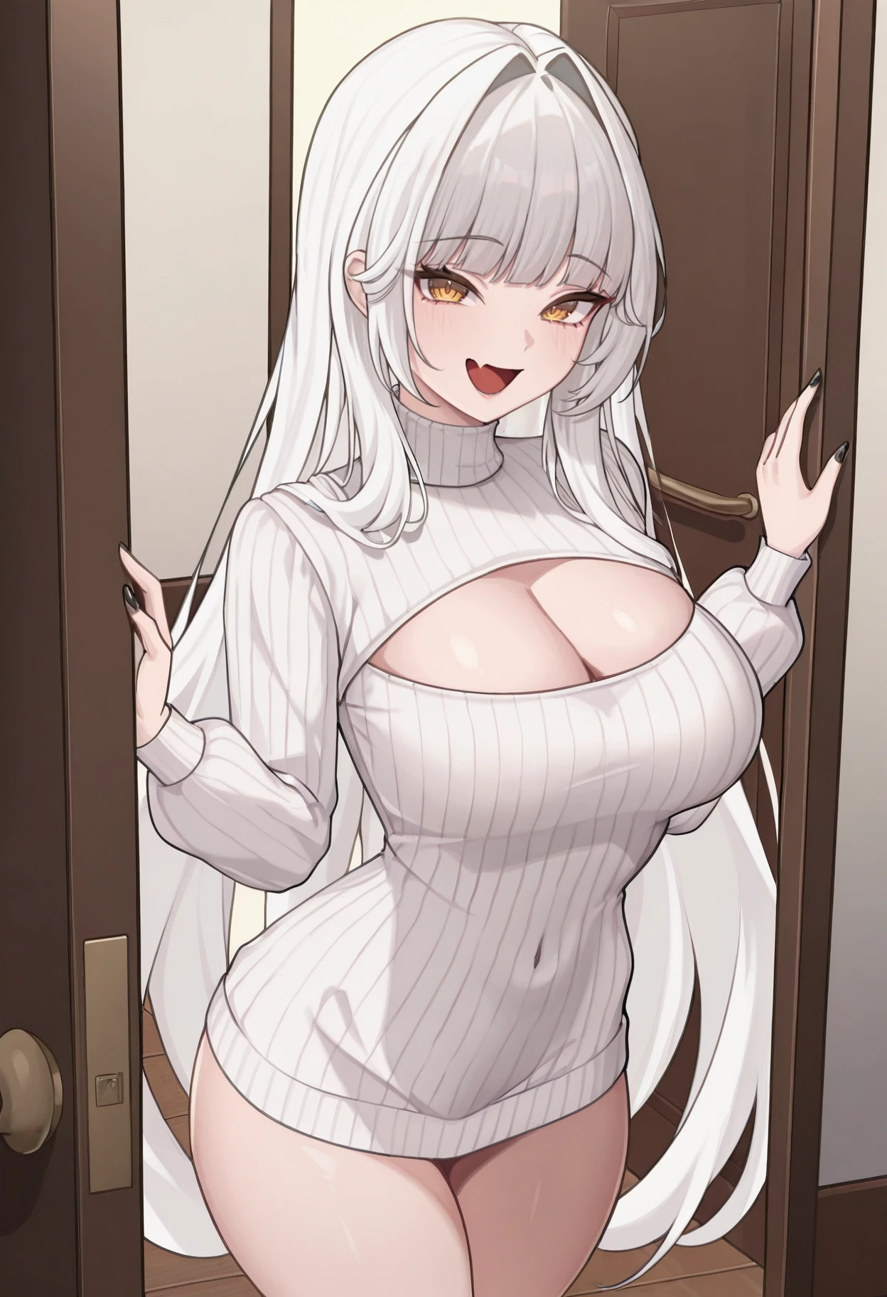 masterpiece, best quality, hires, absurdres, newest, 1girl, solo, <lora:blanc-nikke-richy-v1_ixl:1>blancrnd, yellow eyes, white hair, very long hair, bangs, hair intakes, breasts, smile, :D, skin fang, looking at viewer, cleavage cutout, hands up, indoors, ribbed sweater, white sweater, turtleneck sweater, bottomless, sweater dress, black nails, thighs, pov doorway, doorway, door