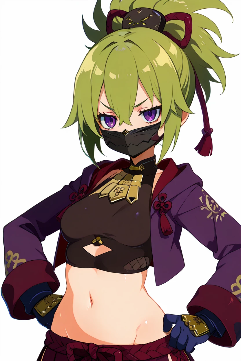 masterpiece, best quality, solo, curvy, beautiful eyes,,<lora:KukishinobuGenshinIXL:1.0>, zzKuki, purple eyes, green hair, hair ornament, ponytail, hair between eyes, mask, mouth mask, rope, jacket, purple jacket, crop top, navel, gloves, midriff, cowboy shot, hand on hip, smug, smile, looking at viewer, shiny skin,<lora:HaradaTakehitoIXL_v3:1.3>, <lora:ZankuroIXLLight_v2:0.6>,