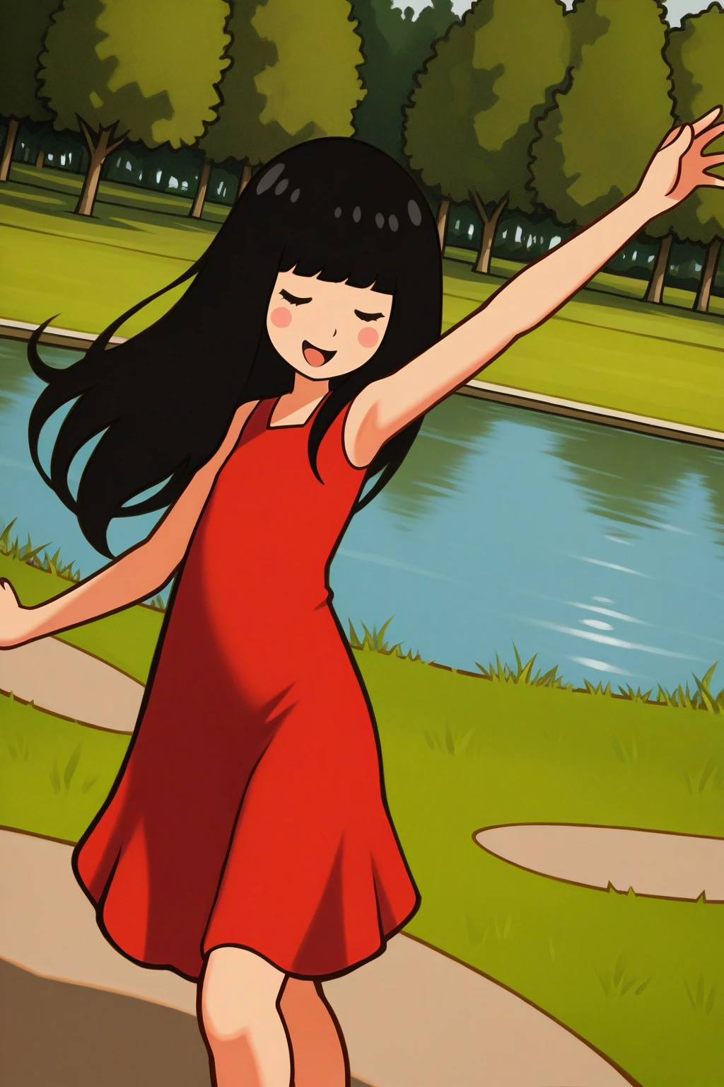 masterpiece, best quality, amazing quality, absurdres, solo, rhythmfevergirl, smile, dancing, open mouth, dutch angle, closed eyes, black hair, long hair, red dress, dot eyes, blush stickers, outdoors, park, lake, grass, stage