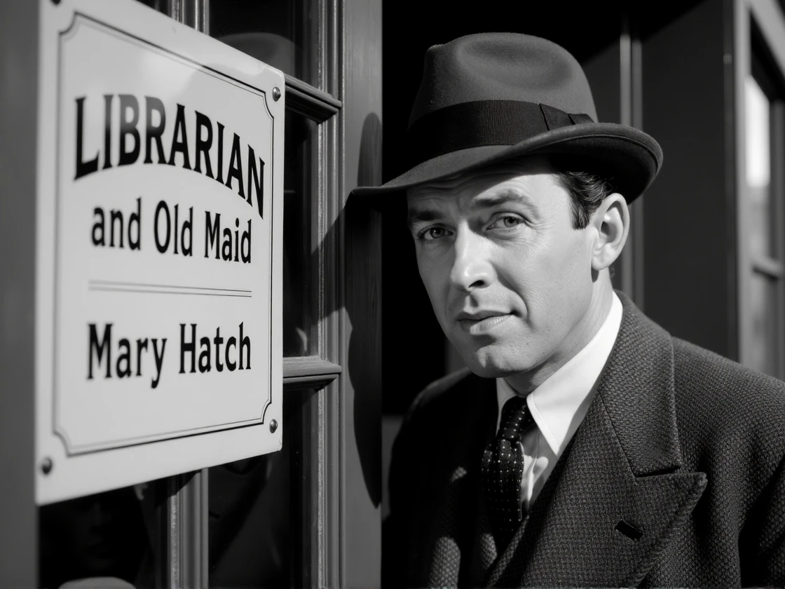 <lora:james-stewart-1940s-000001:1> man, 1940s hat and suit, outside peering into the glass of the library, the sign outside says "Librarian and Old Maid, Mary Hatch", black and white film, looking directly at the viewer, looking directly at the camera, making eye contact, looking straight ahead