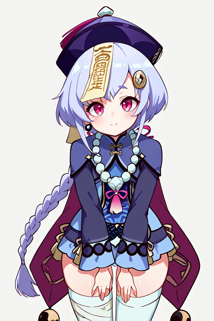 masterpiece, best quality, solo, curvy, beautiful eyes,zzQiqi, braid, long hair, red eyes, hair ornament, earrings,   ofuda, qingdai guanmao, jiangshi, long sleeves, bead necklace, wide sleeves, white thighhighs, dress,   <lora:QiqiGenshinIXL:1.0>, side view, ass, leaning forward, cowboy shot, smile, looking at viewer, shiny skin,<lora:DiivesIXL:1.0>,