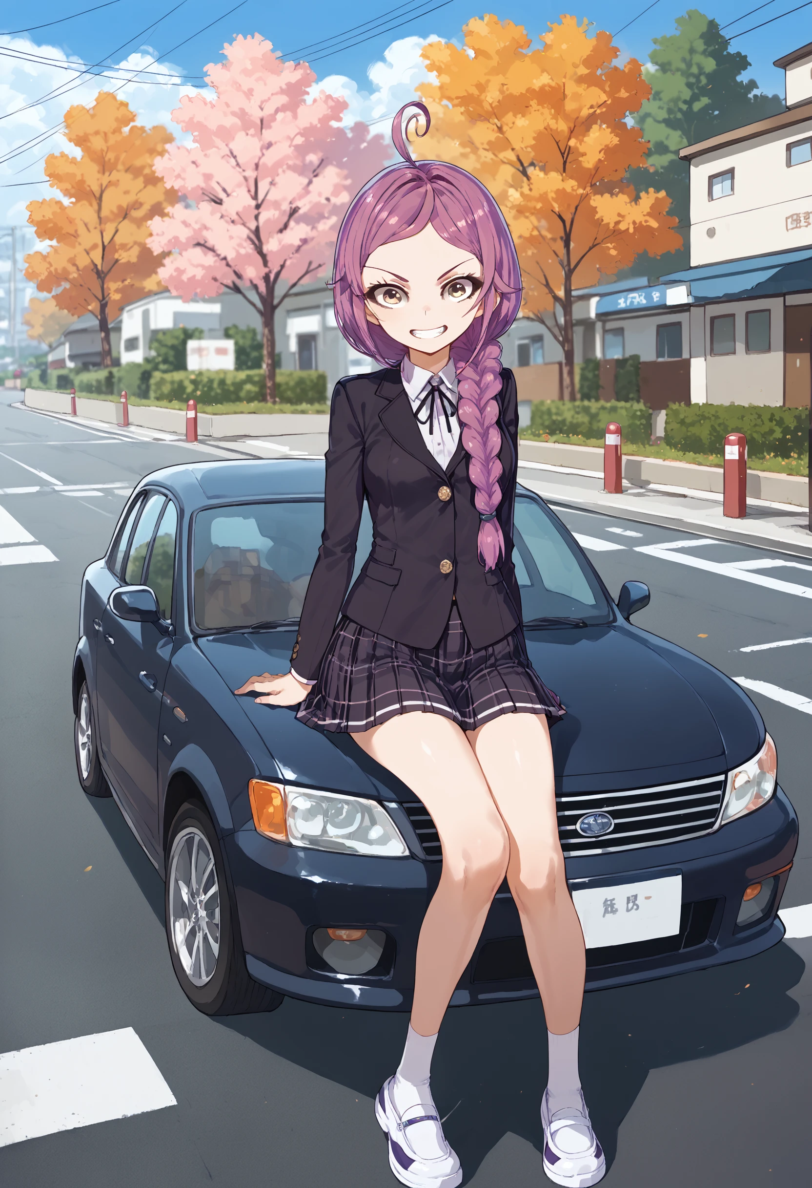 score_9, score_8_up, score_7_up, <lora:Lila_Original_Character-000007>, 1girl, skinyy body, skinny legs, purple hair, single braid, school outfit, grin, sit on car, street, anime_source