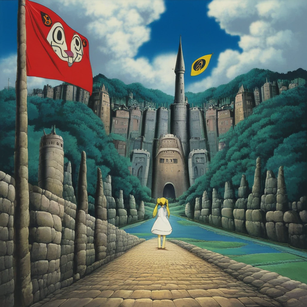 road, sunlight, dress, stone, ghibli landscapes, river, door, shirt, banner, twintails, castle, city, cloud