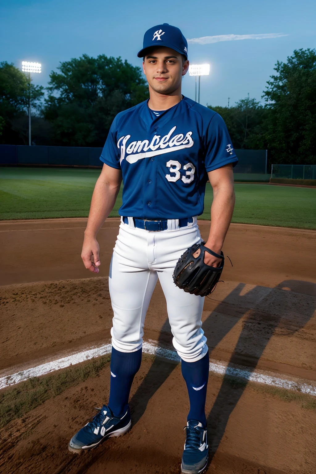 dusk, blue sky, (baseball field), stadium lighting, standing, HunterPage, slight smile, baseballplayer, dark blue baseball uniform, dark blue jersey, wearing dark blue baseball cap, white pants, dark blue socks, (baseball mitt), ((full body portrait)), <lora:Clothing - Sexy Baseball Player:0.65>   <lora:HunterPage:0.8>